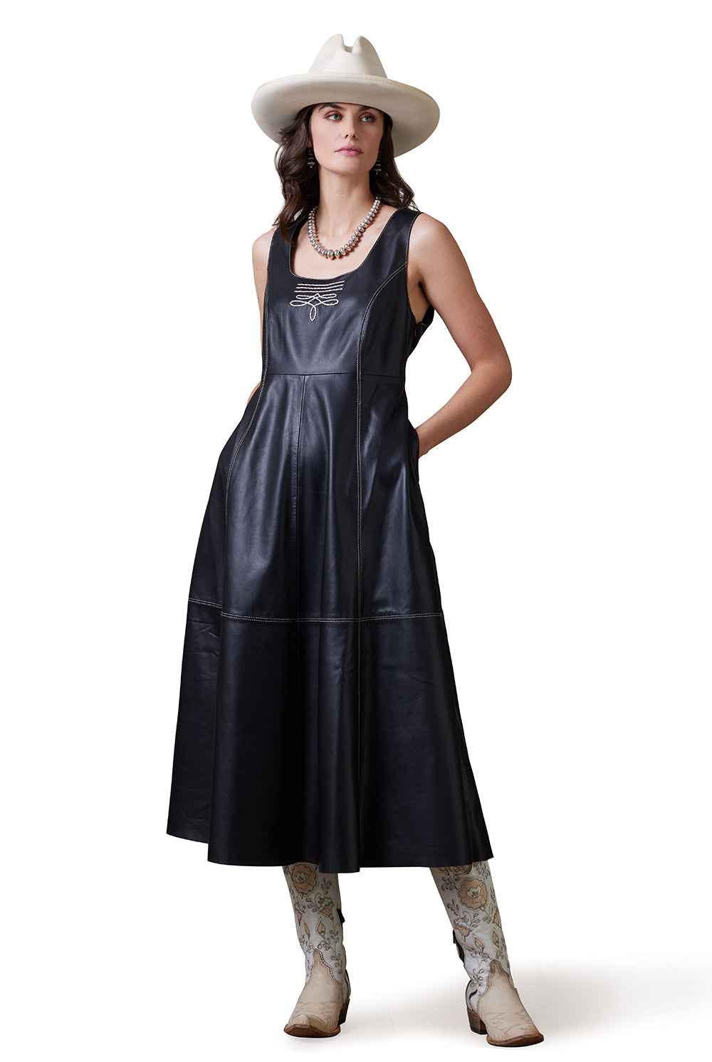 Spur to Valor Dress, Black Leather Dress, Woman in Cowboy Hat