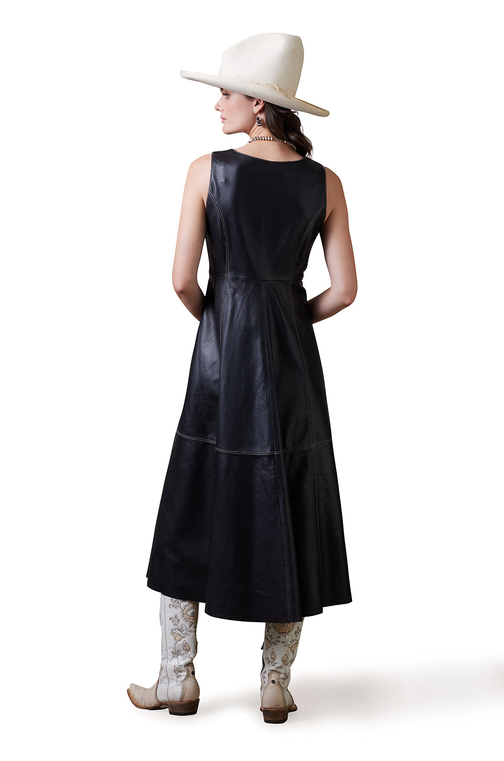 Spur to Valor Dress, black leather dress with cowgirl boots