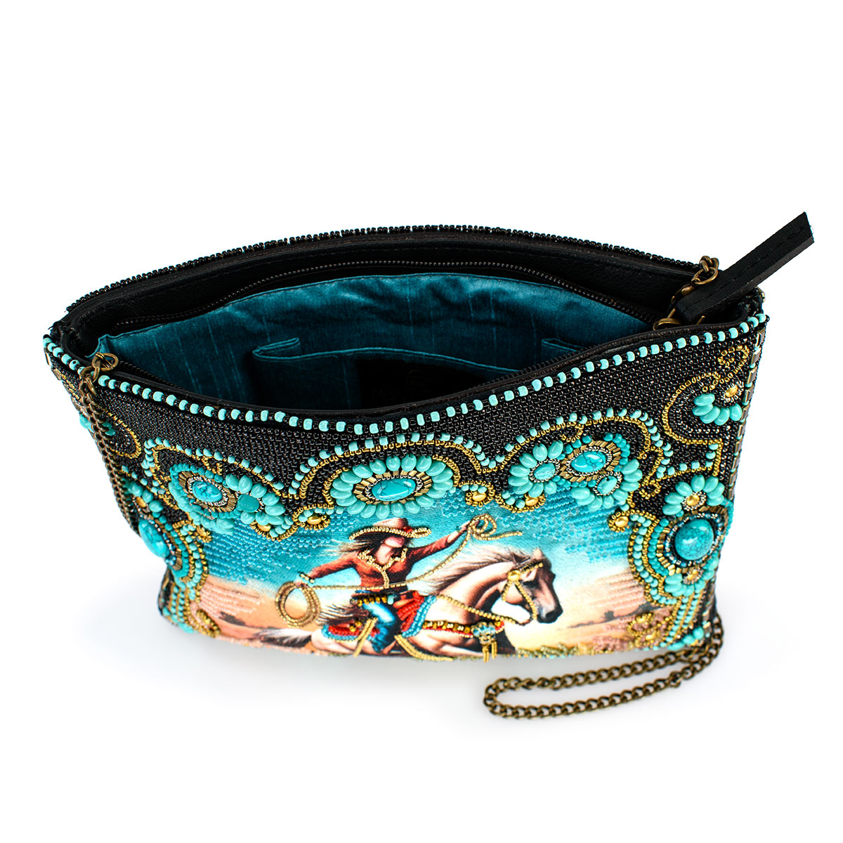 Beaded purse with a cowboy and horse design.