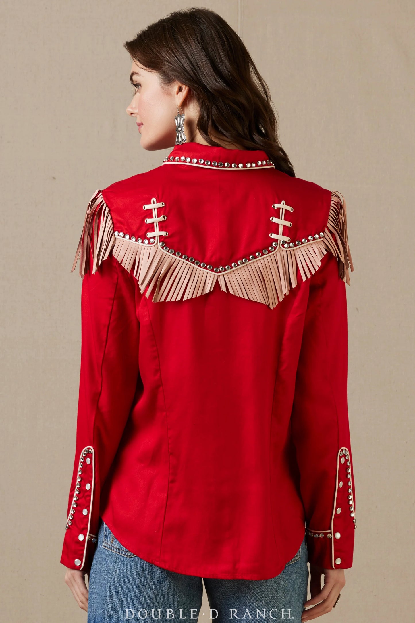 Red rhinestone rodeo top with fringe