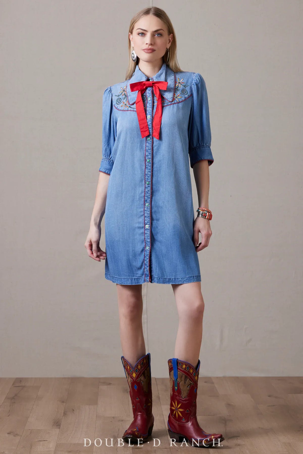 Let The Sun Shine Dress - denim dress with red bow