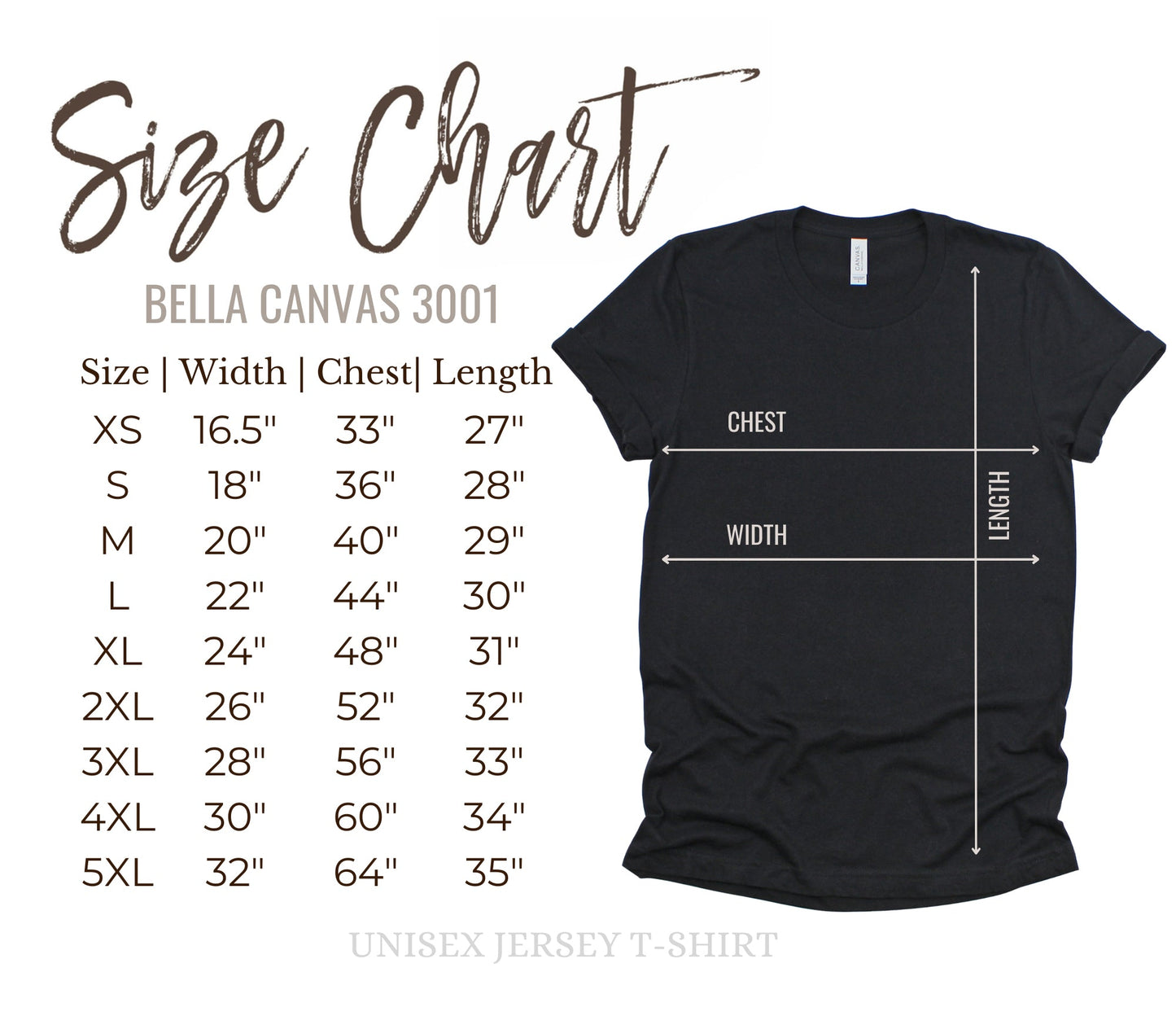 Bella Canvas 3001 Black t-shirt size chart