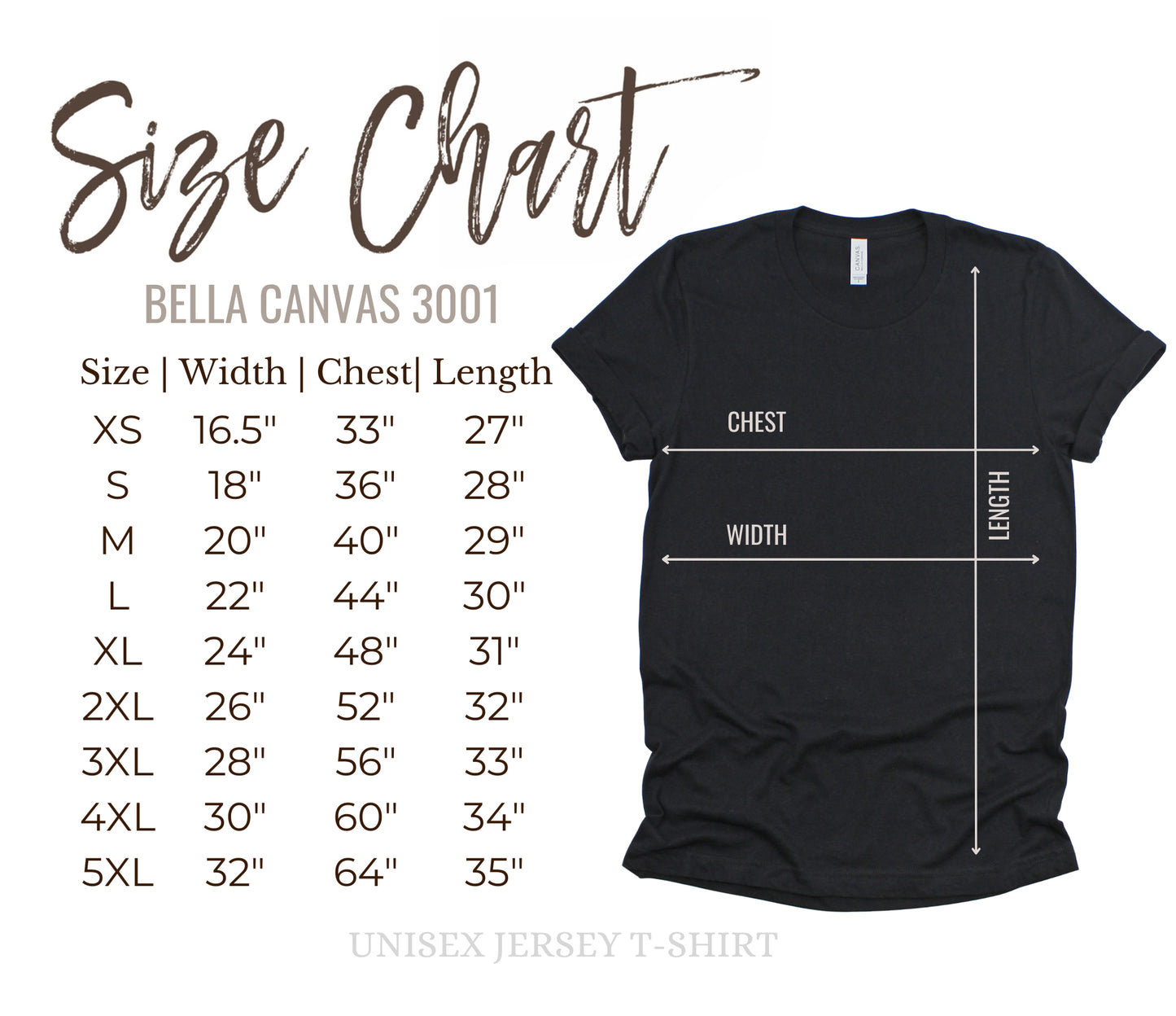Bella Canvas 3001 Black Unisex Jersey T-Shirt Size Chart
