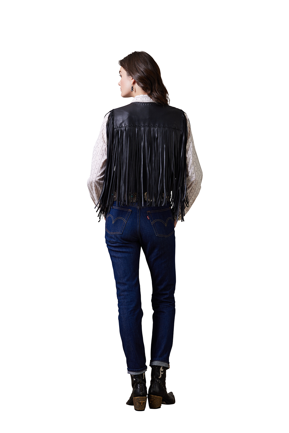 Black fringe vest on woman