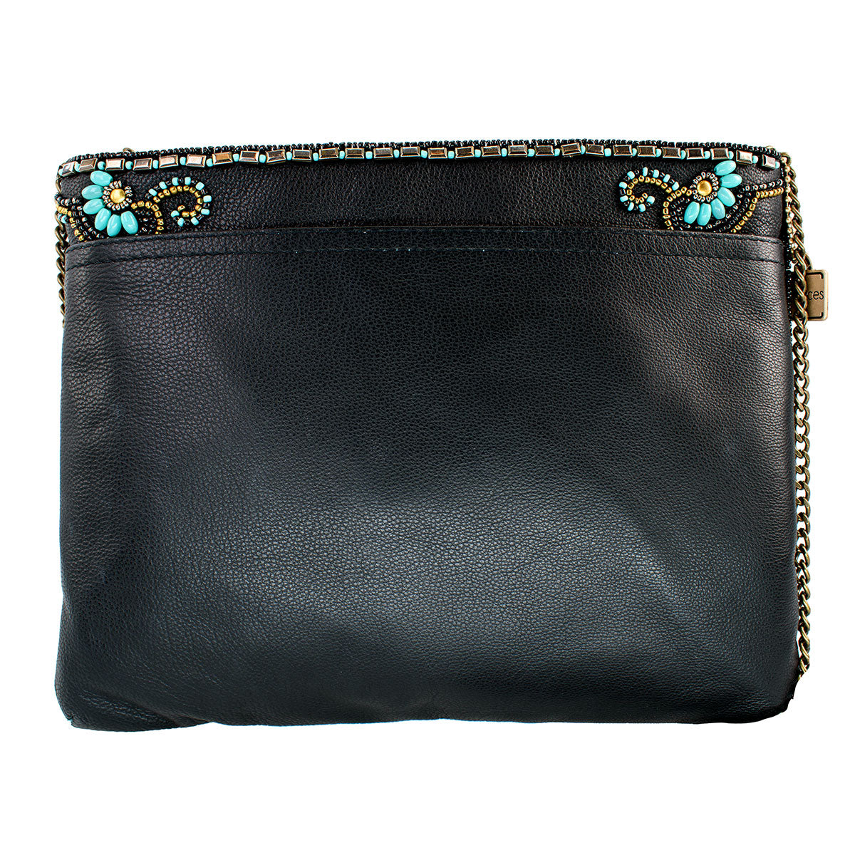 Black leather clutch with turquoise and gold embellishments.