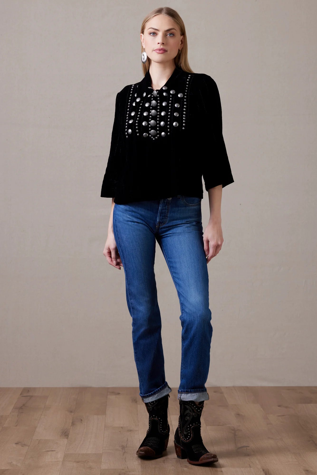 Daughter of the Moon Top, women's black embellished top and jeans.