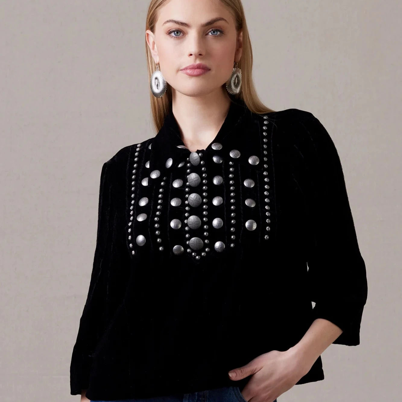 Daughter of the Moon Top - Black Velvet Studded Blouse