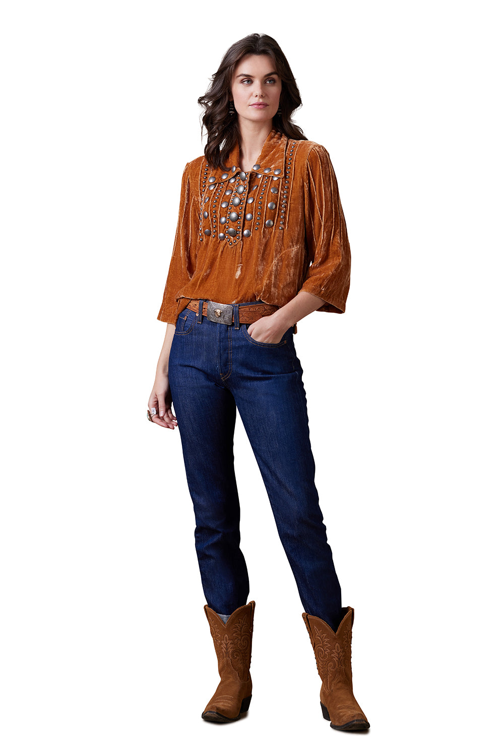 Woman wearing Daughter of the Moon top with jeans and boots