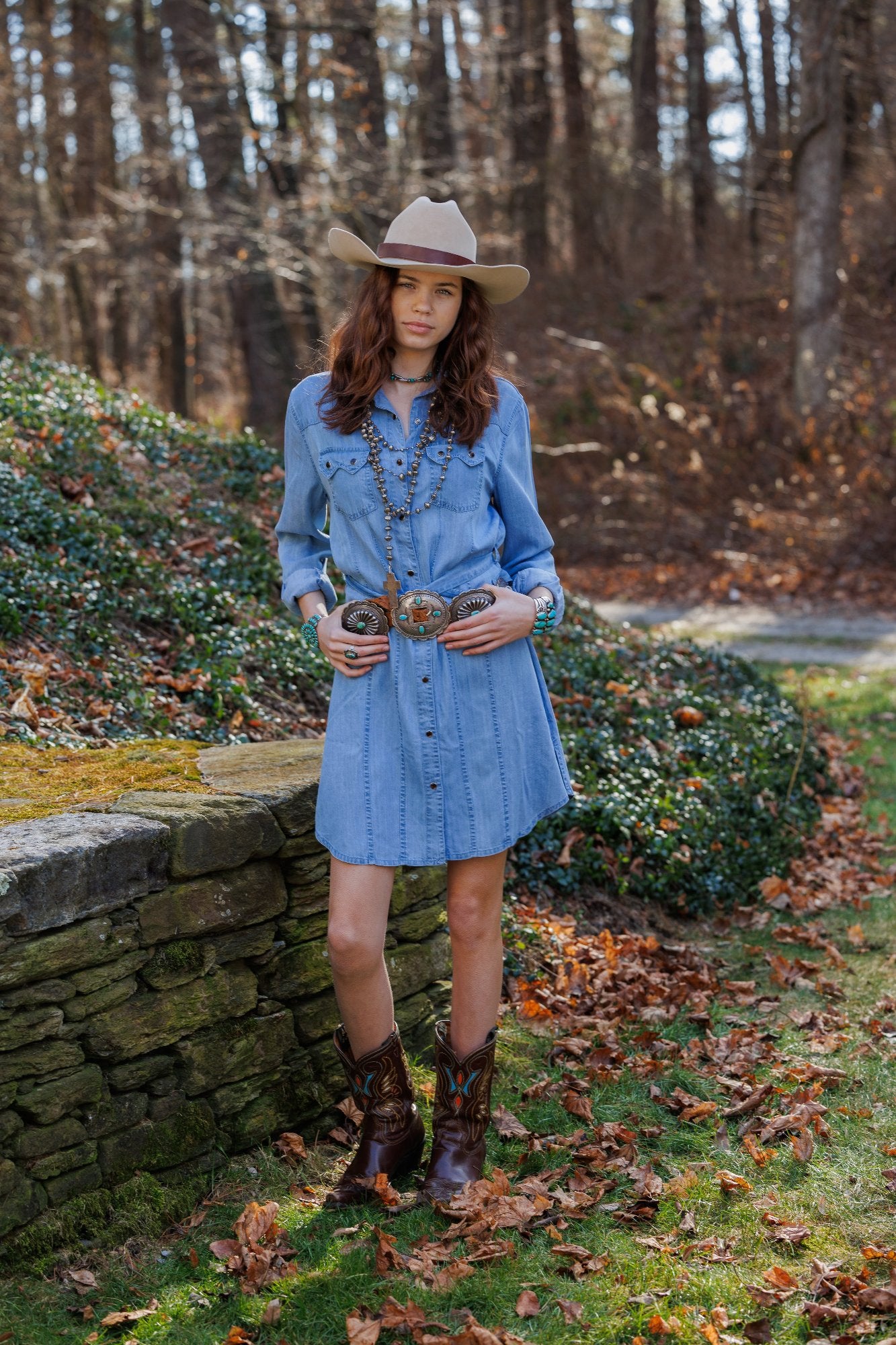 Joyce Tunic in denim dress with cowboy hat and boots