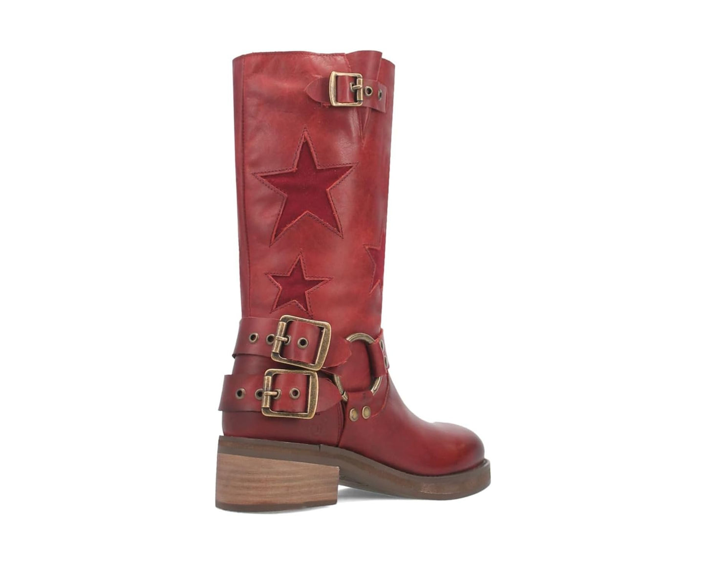 Red star knee-high boot with buckles
