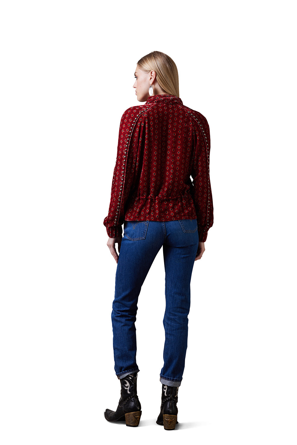 Pueblo Perdido Jacket - Woman in Red Top & Jeans