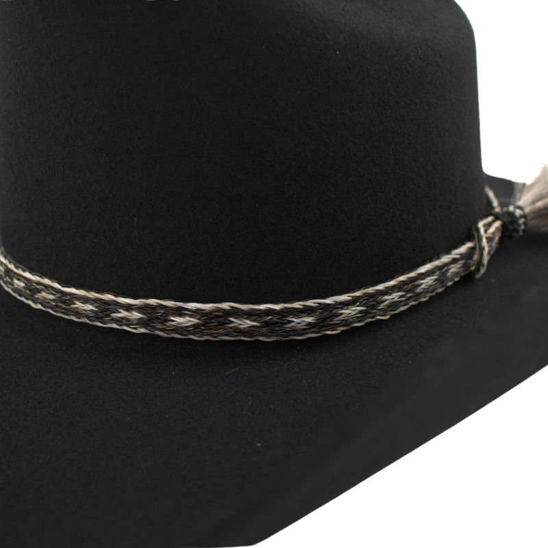 Black cowboy hat with decorative band.
