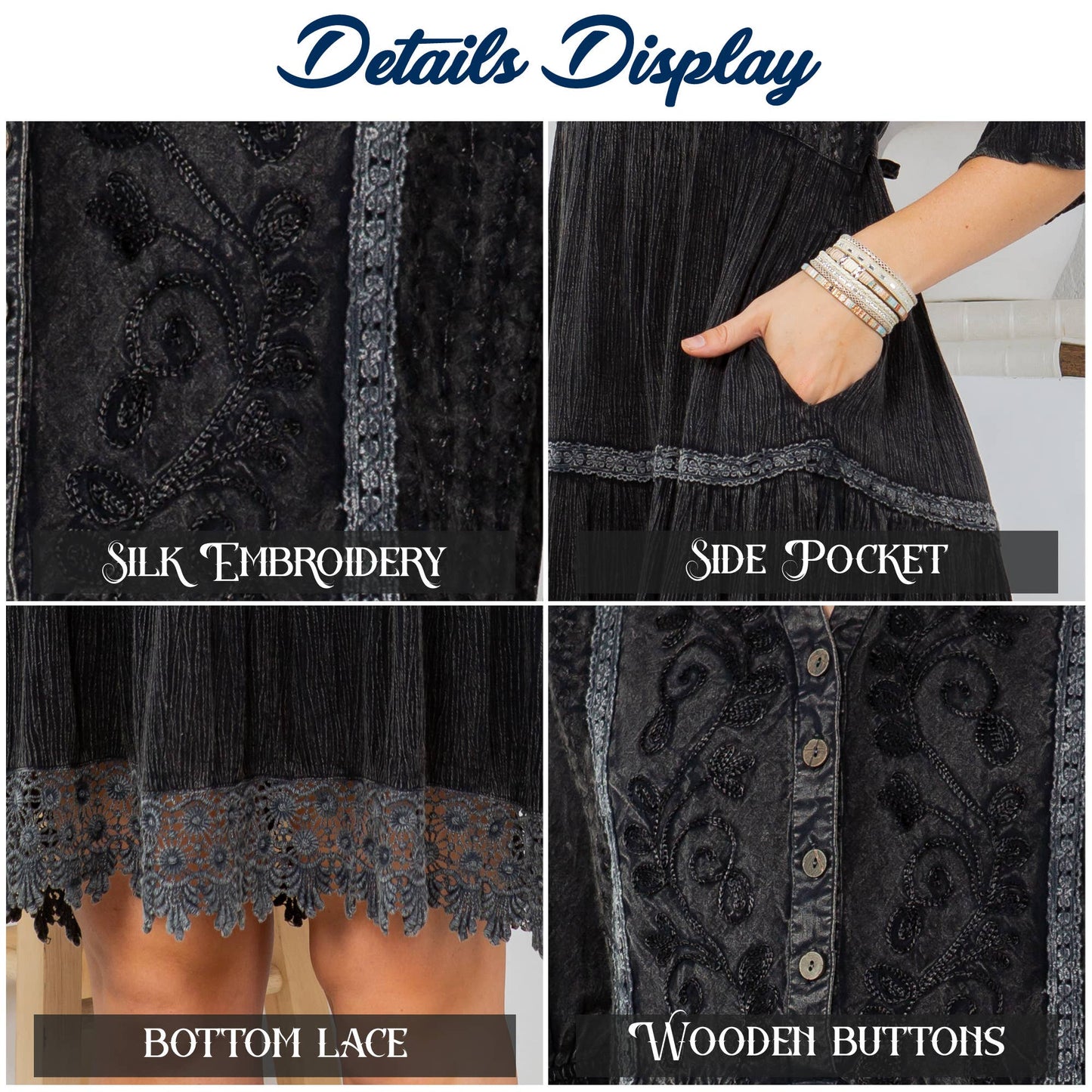 Details of black dress with embroidery, pockets, and lace.
