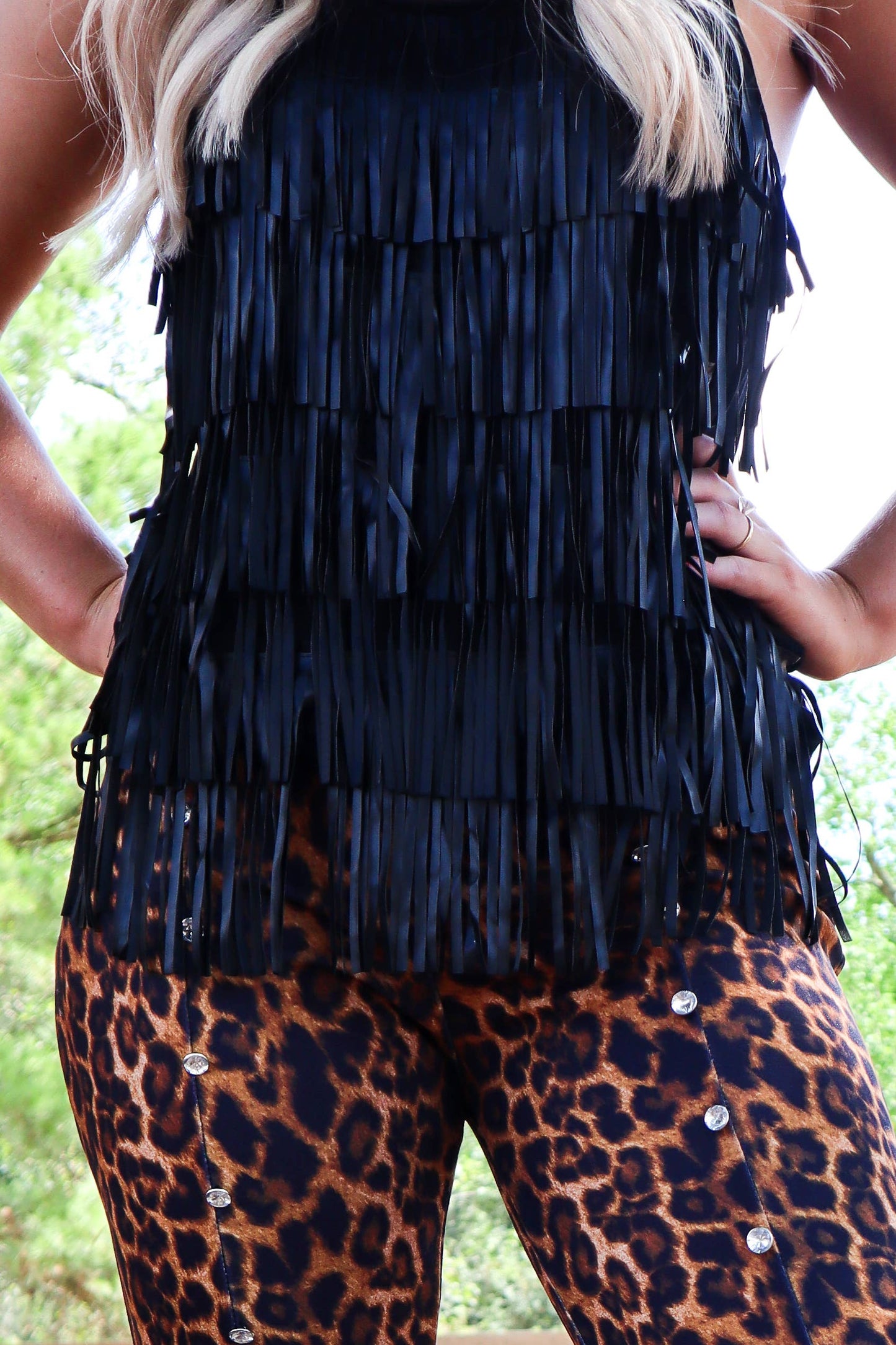 Black fringe top with leopard print pants