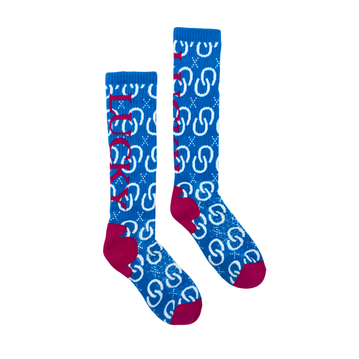 Blue and white patterned socks with pink accents.
