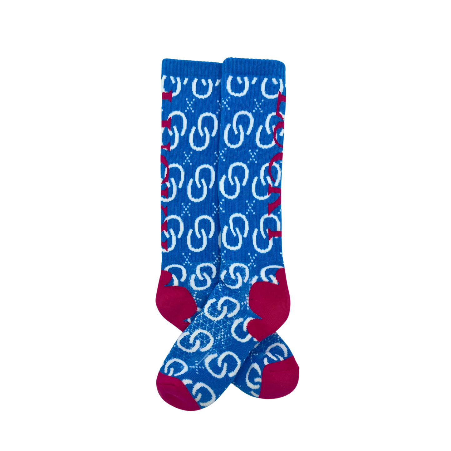Blue and white patterned socks with pink accents.