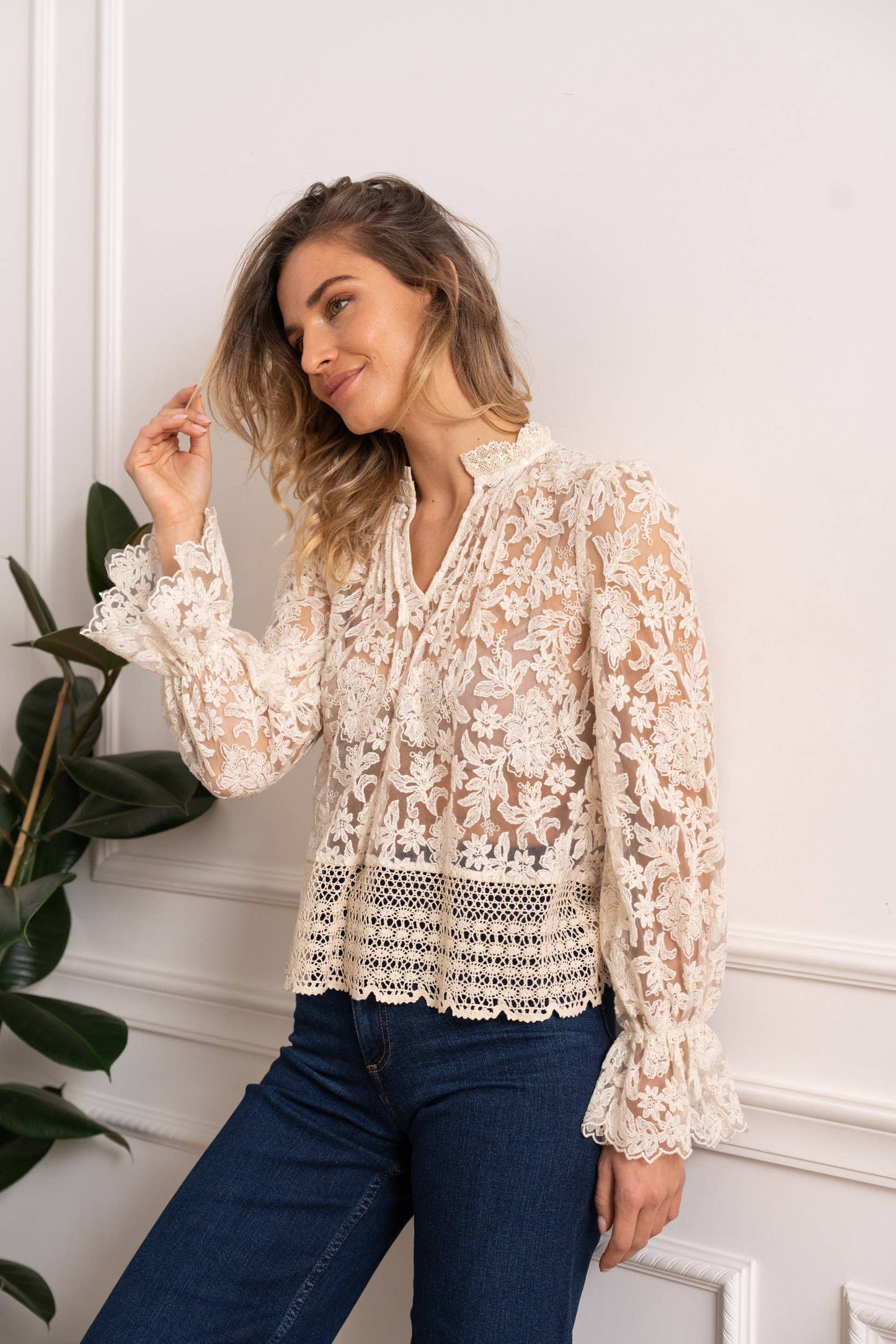 Woman in lace blouse