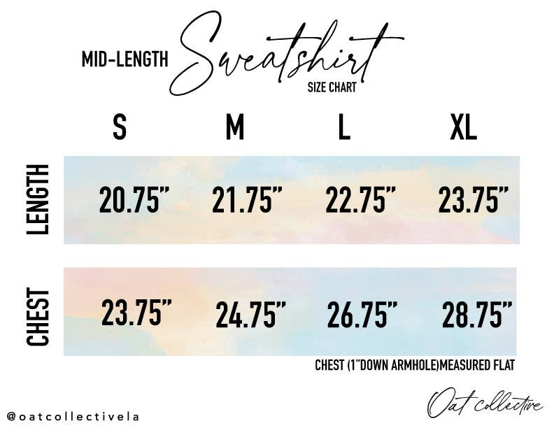 Sweatshirt size chart showing length and chest measurements.