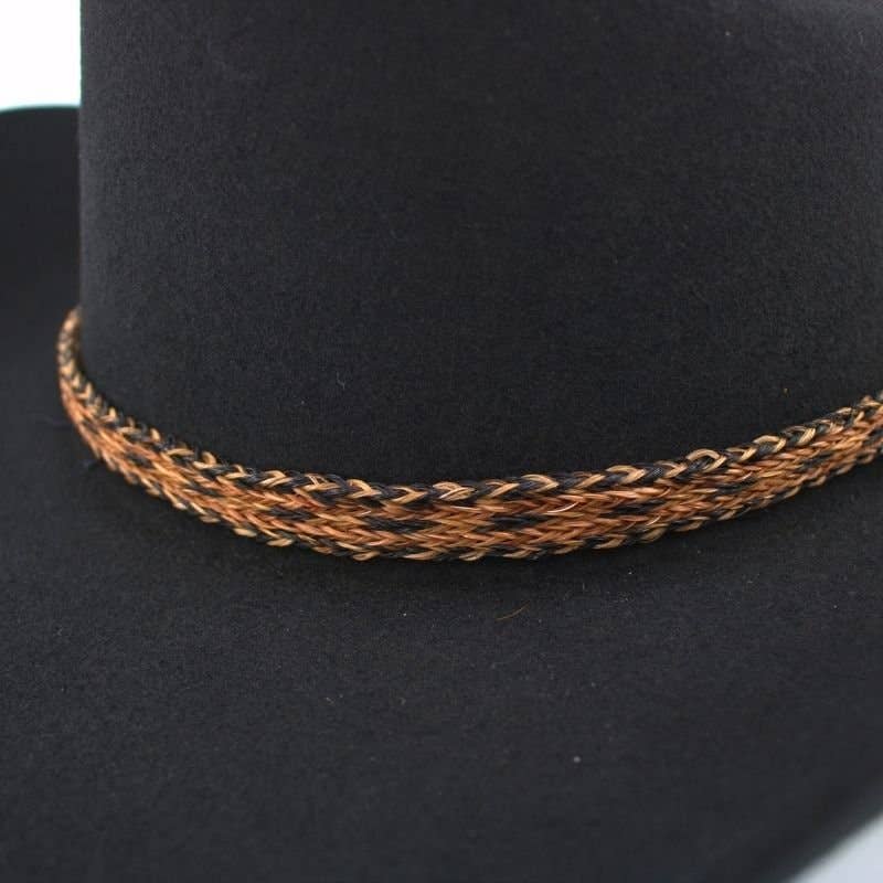 Black hat with brown and black band.