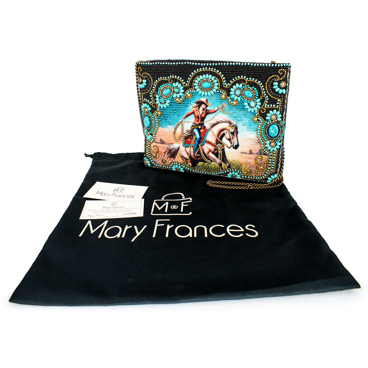 Beaded handbag with cowboy design, dust bag, and tags.