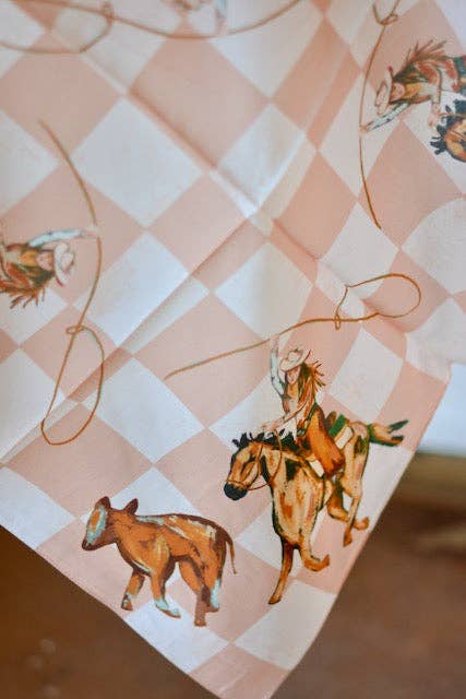 Cowboy-themed handkerchief with horses, a calf, and lasso design.