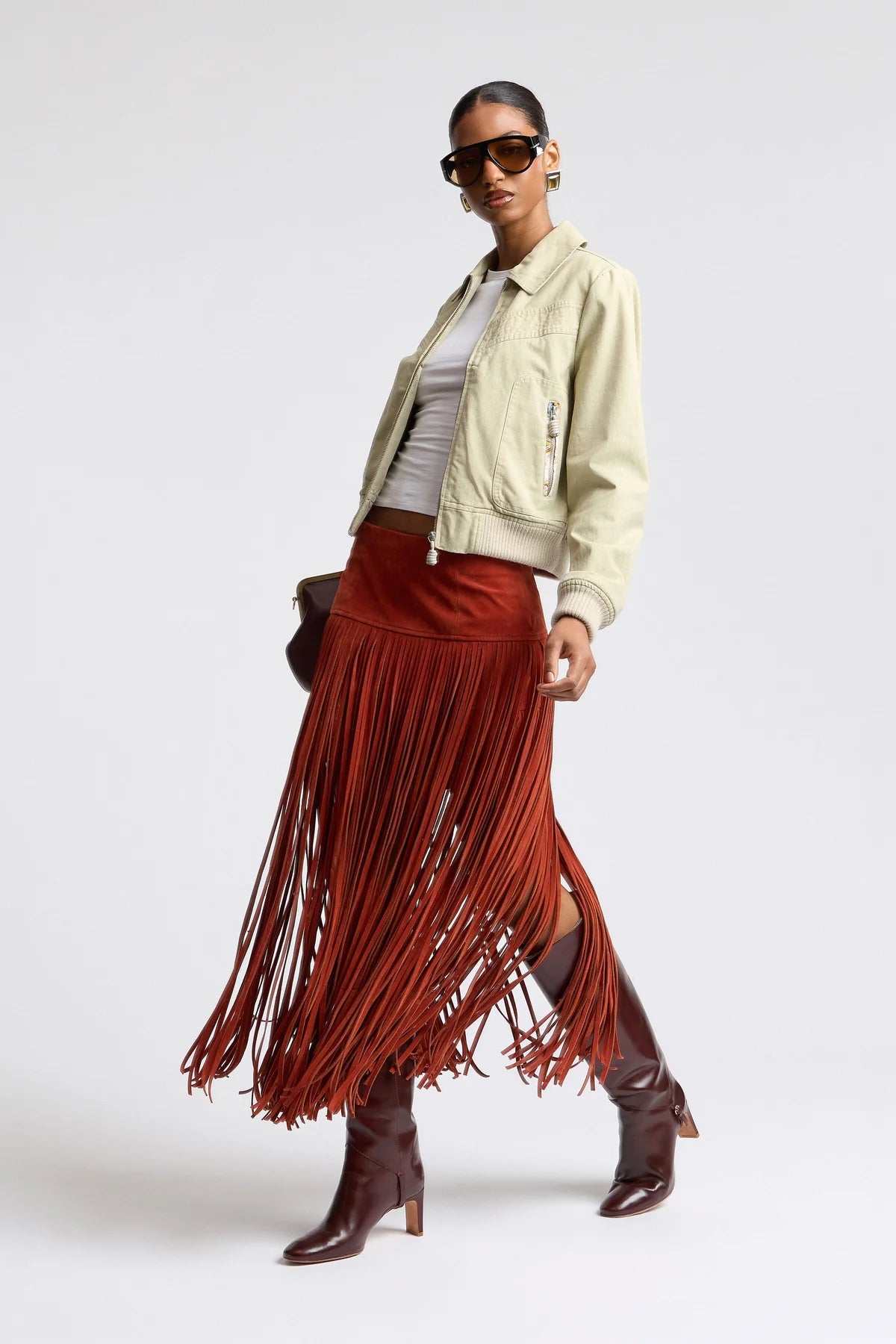 Faux Suede Fringe Maxi Skirt - Rust