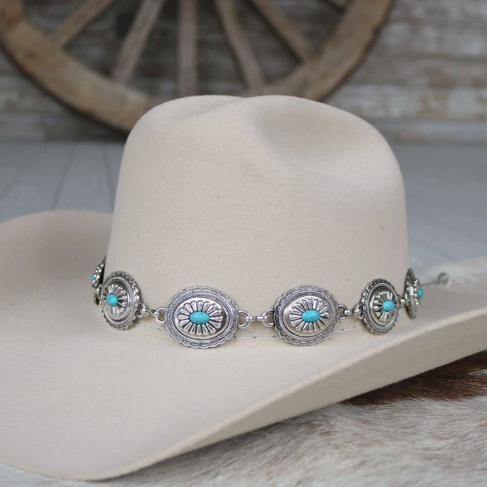 Cowboy hat with turquoise and silver hatband.