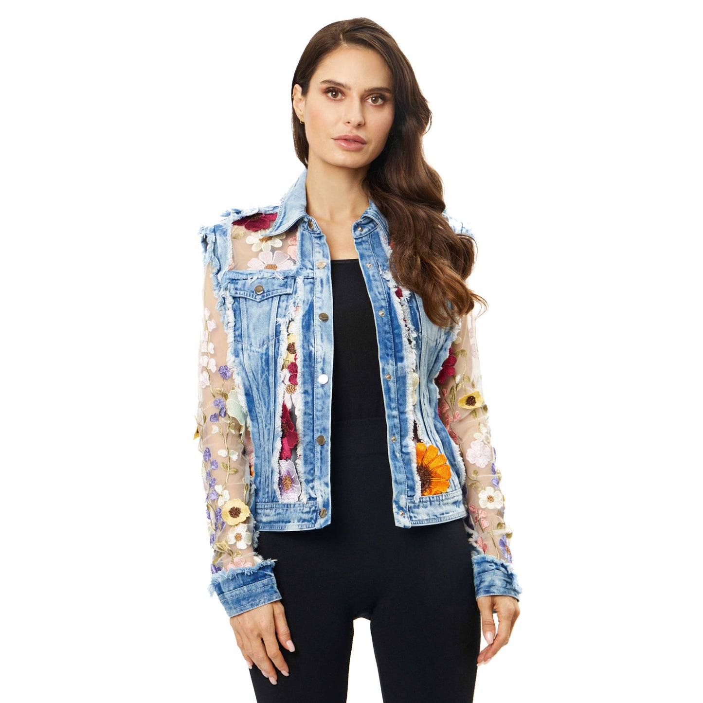 Floral embroidered denim jacket on woman