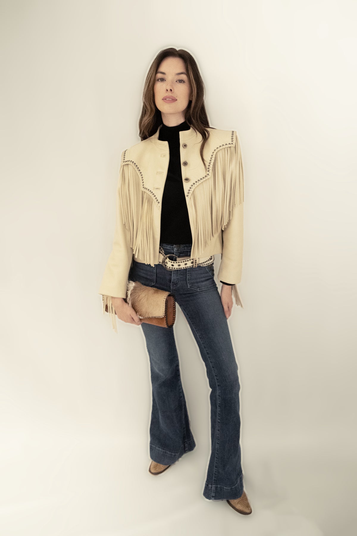 Marilyn Palomino With Fringe Ivory Leather Jacket by Juan Antonio