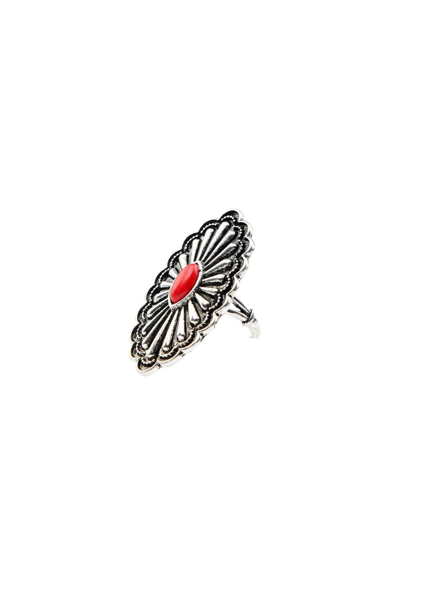 Silver ring with red center.