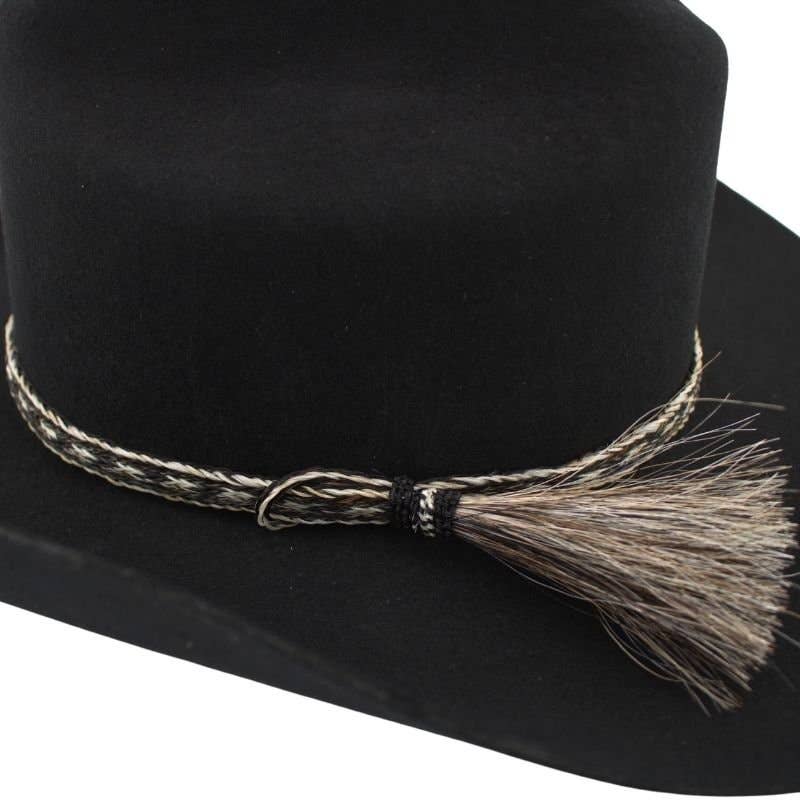 Black cowboy hat with decorative band and tassel.