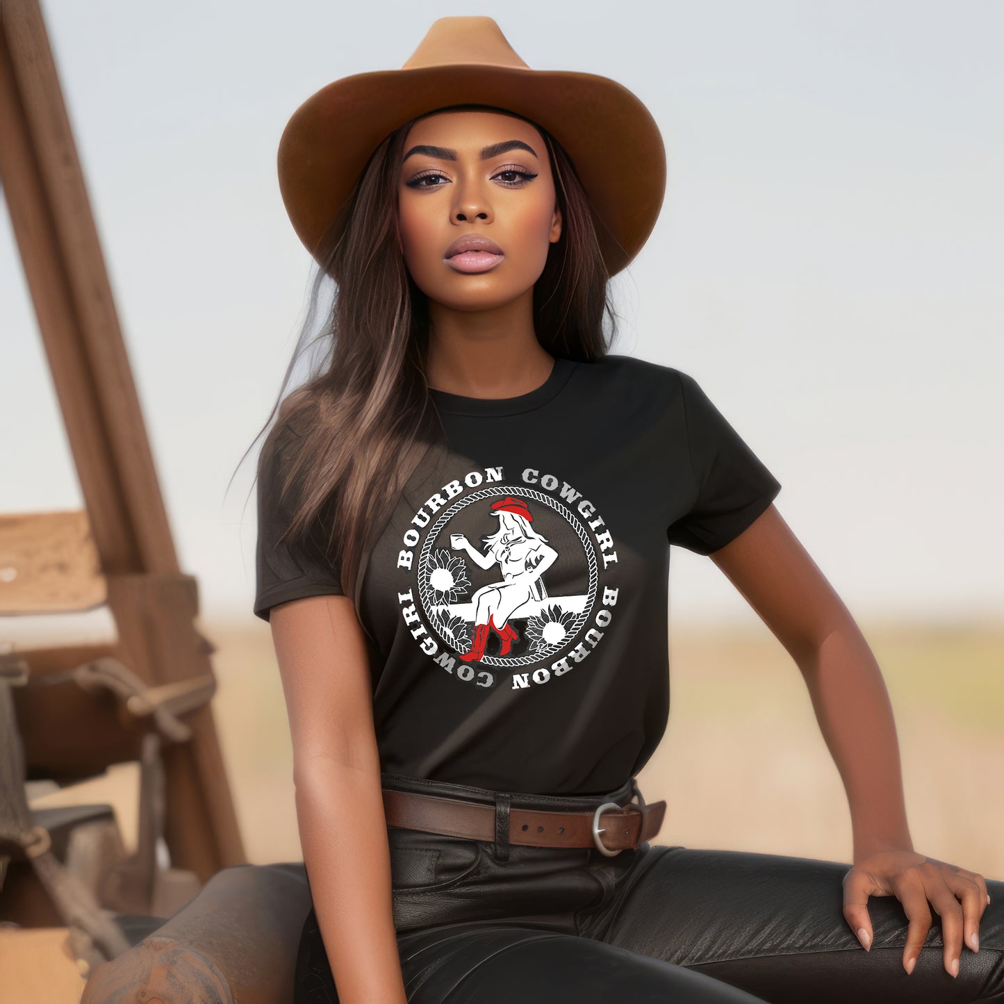 Black woman wearing a Bourbon Cowgirl t-shirt.