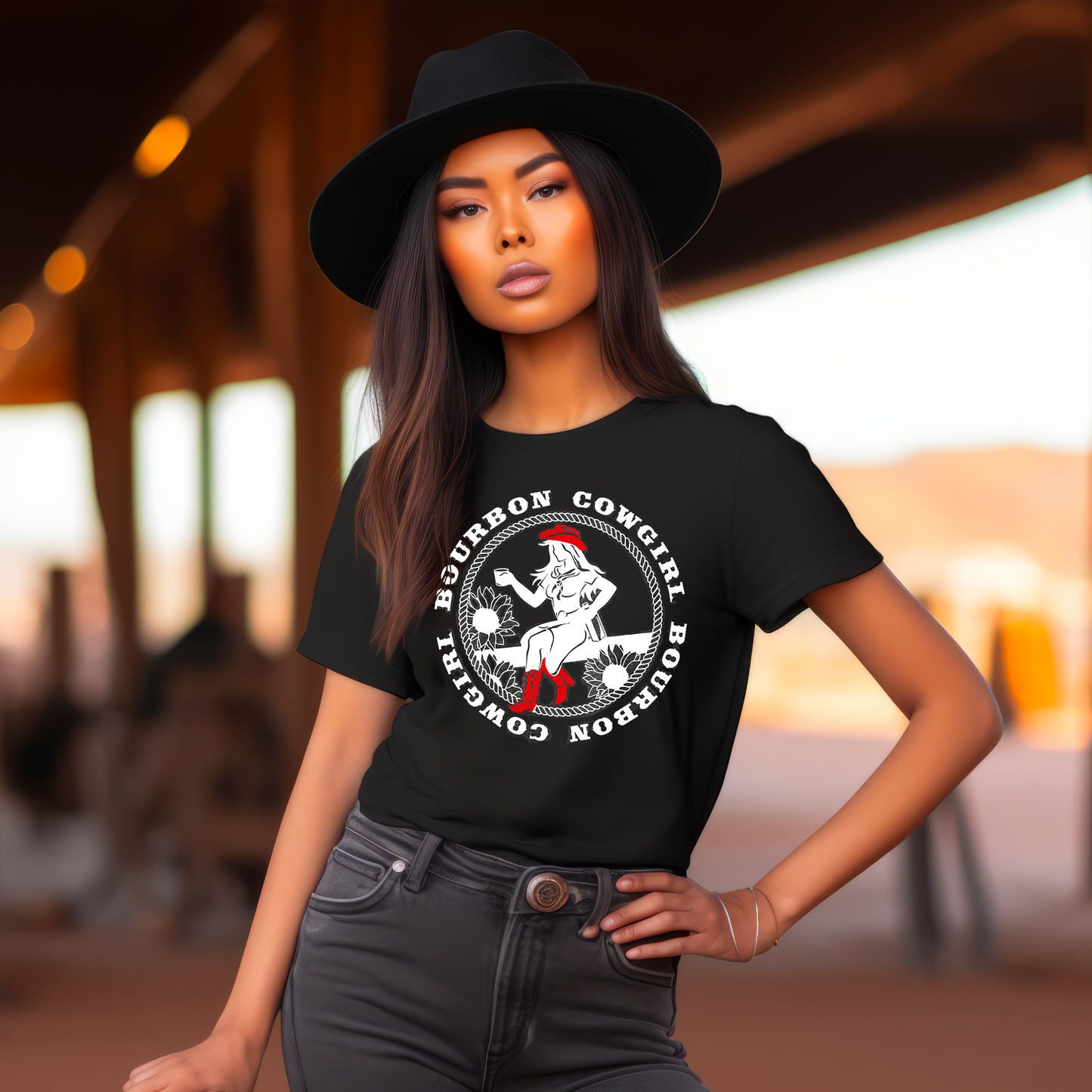 Asian woman in Bourbon Cowgirl tee