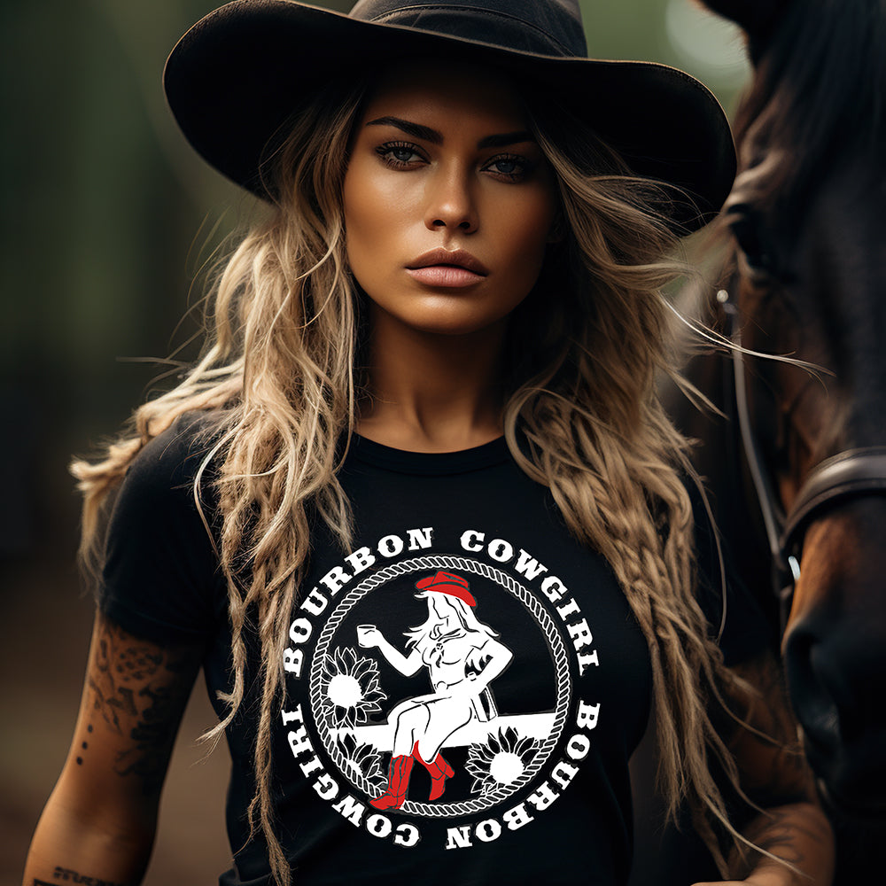 Blonde cowgirl with hat & Bourbon Cowgirl shirt, near horse