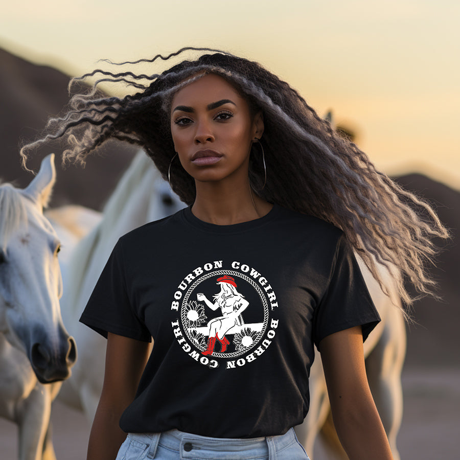 Woman in Bourbon Cowgirl tee with horses