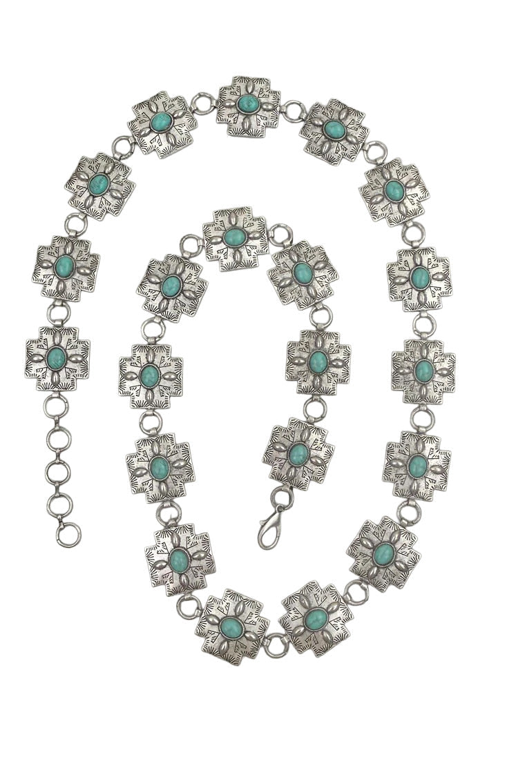 Blue Turquoise Silver Cross Chain Link Western Belt for Cowgirls