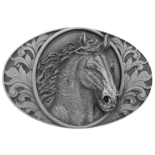 Horse head belt buckle with floral detail