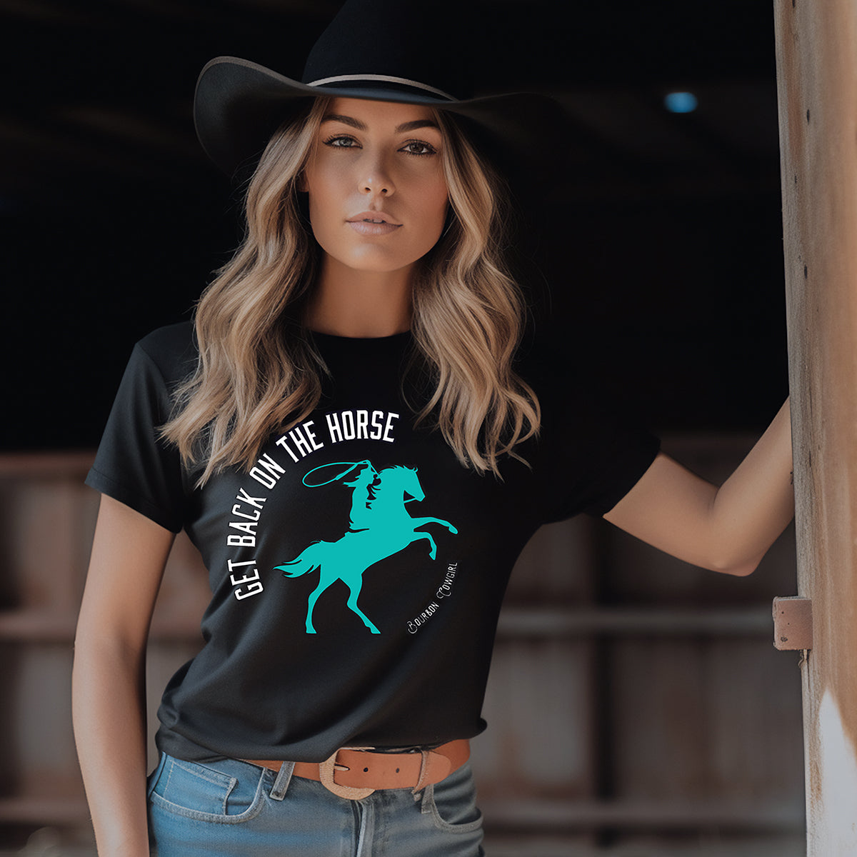 Woman in Get Back On The Horse shirt