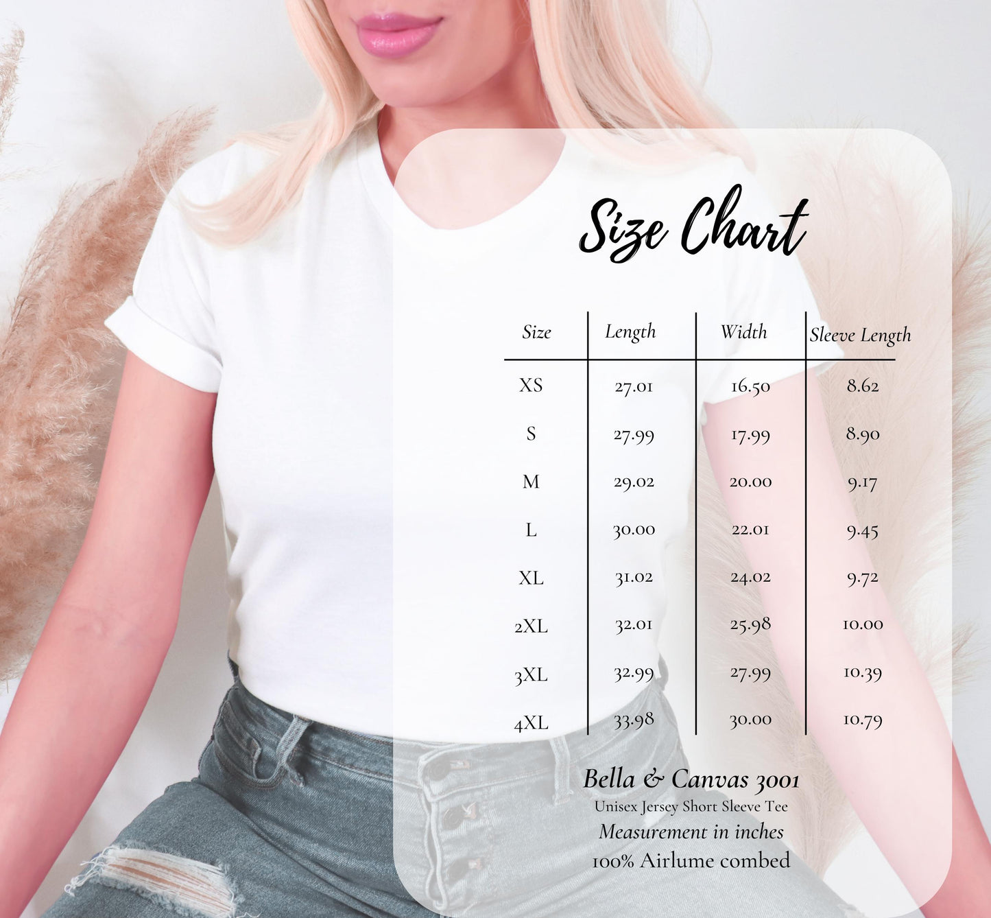 Bella + Canvas 3001 size chart for women's t-shirt