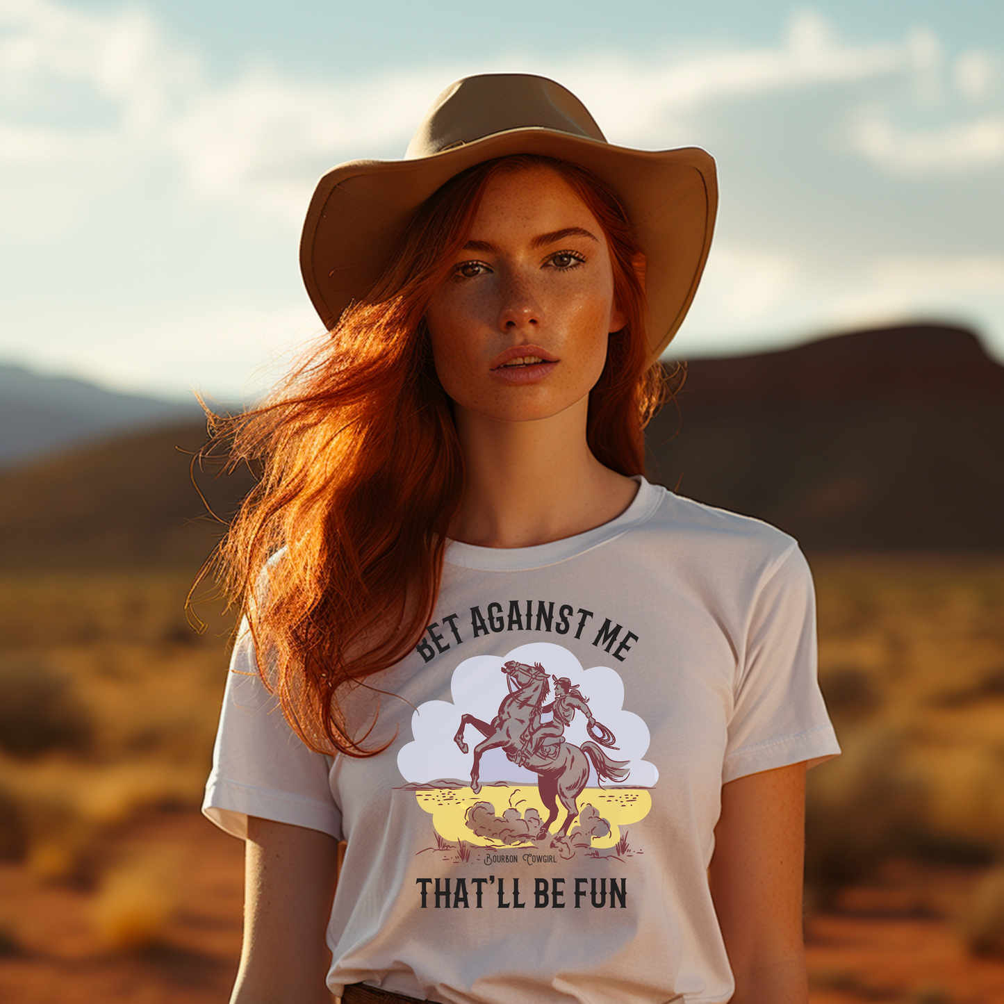 Cowgirl in desert landscape