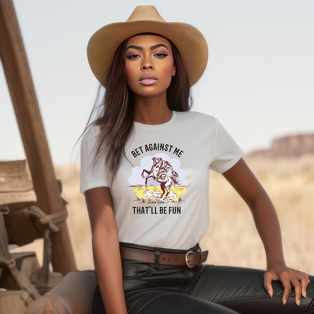 Woman wearing Bet Against Me t-shirt