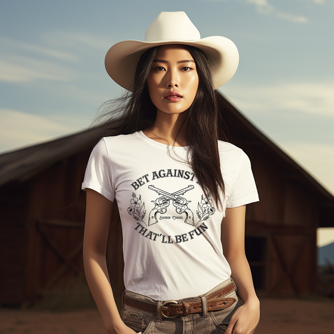 Woman in Bet Against shirt, BetWhite12web