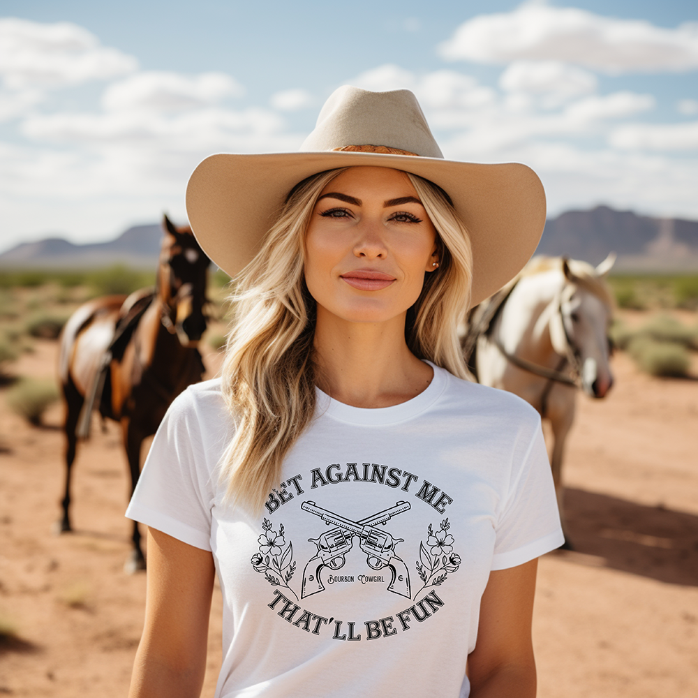 Woman in Bet Against Me shirt with horses