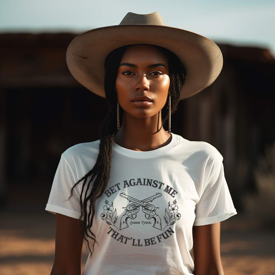 Woman in hat with Bet Against Me shirt