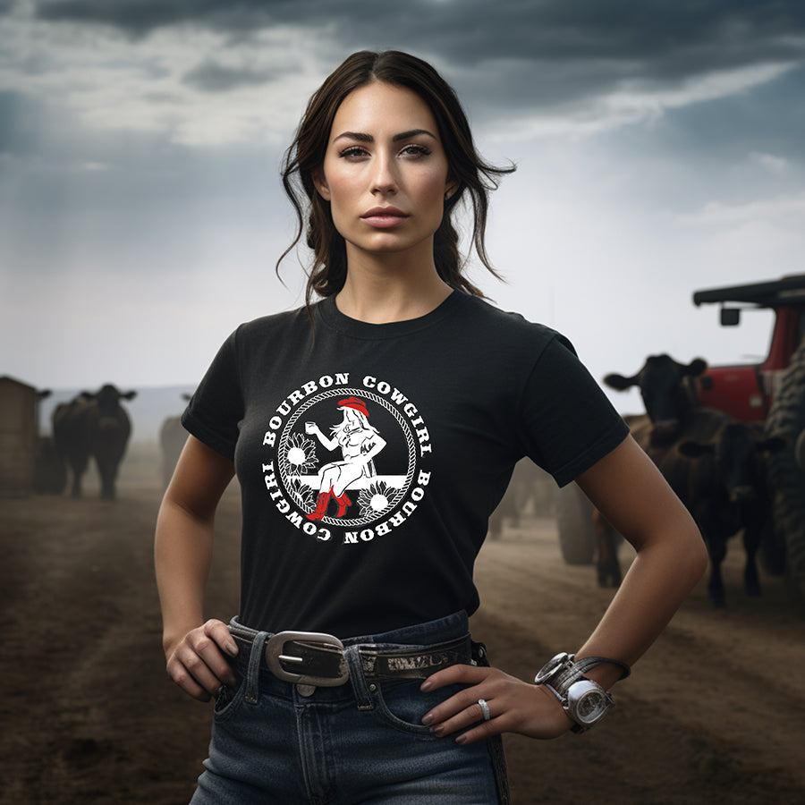 Bourbon Cowgirl model wearing logo tee on farm.