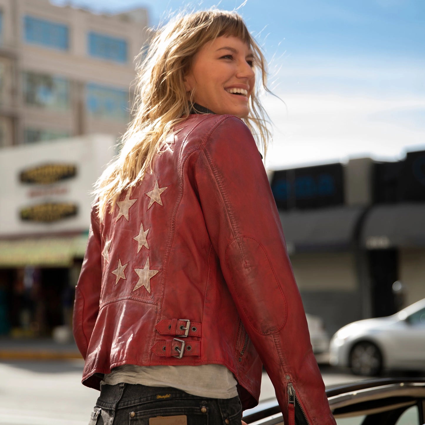 Christy Star Leather Jacket by Mauritius in Red