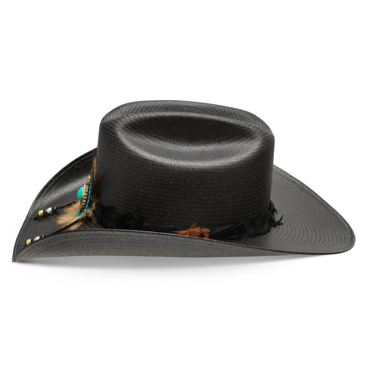 Black cowboy hat with feather detail