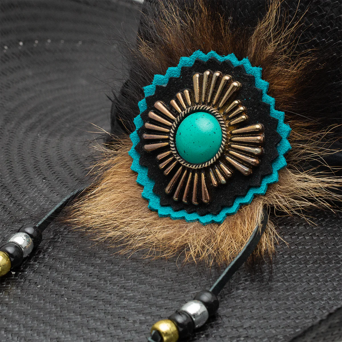 Hat with turquoise and gold embellishment, ALT05