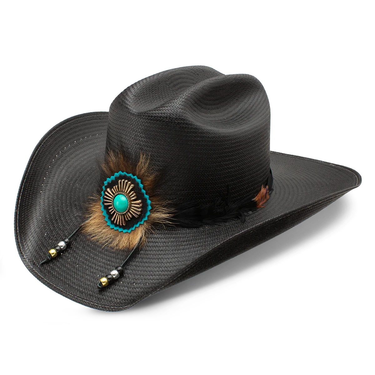 Black cowboy hat with turquoise and feather detail