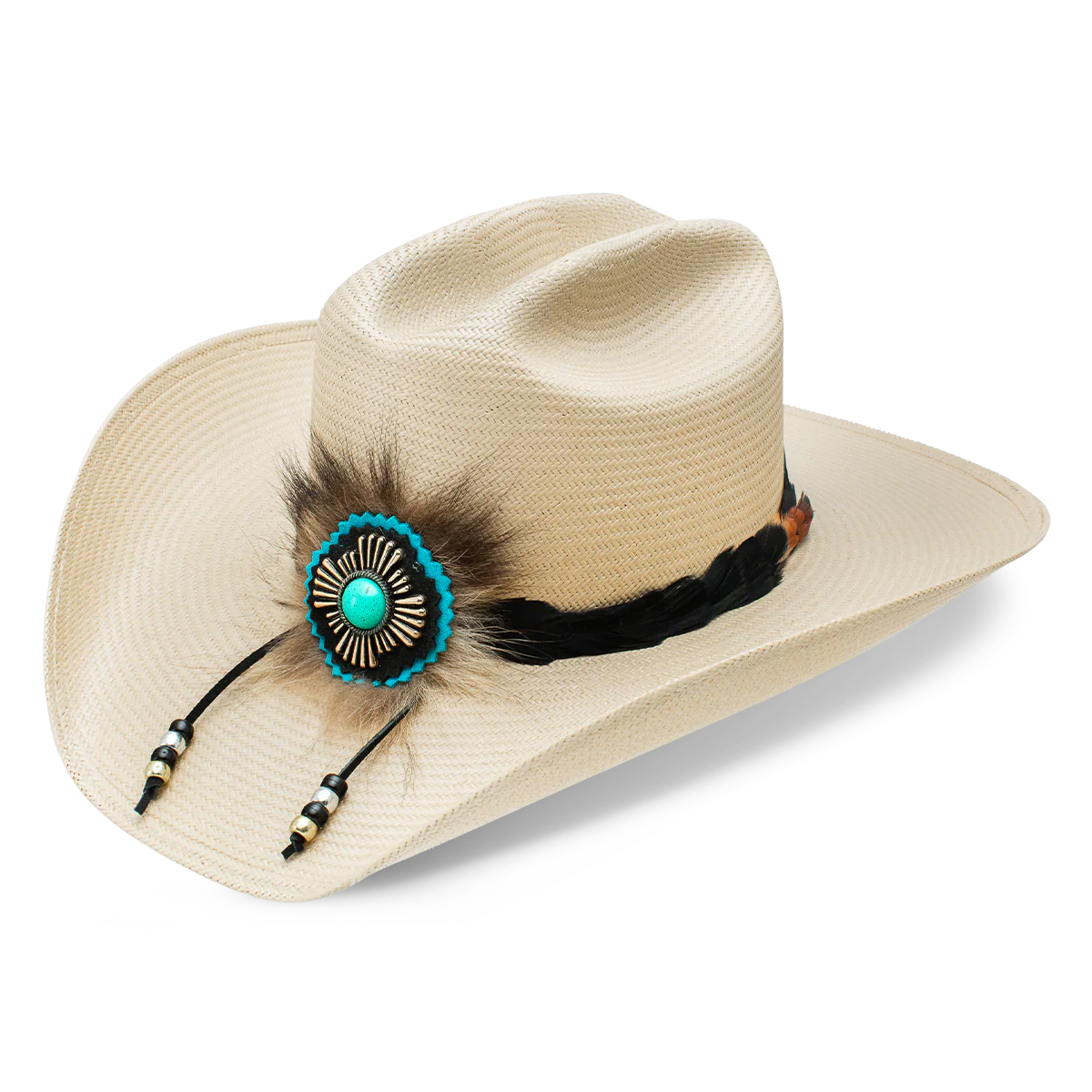 Cowboy hat with turquoise and feather detail